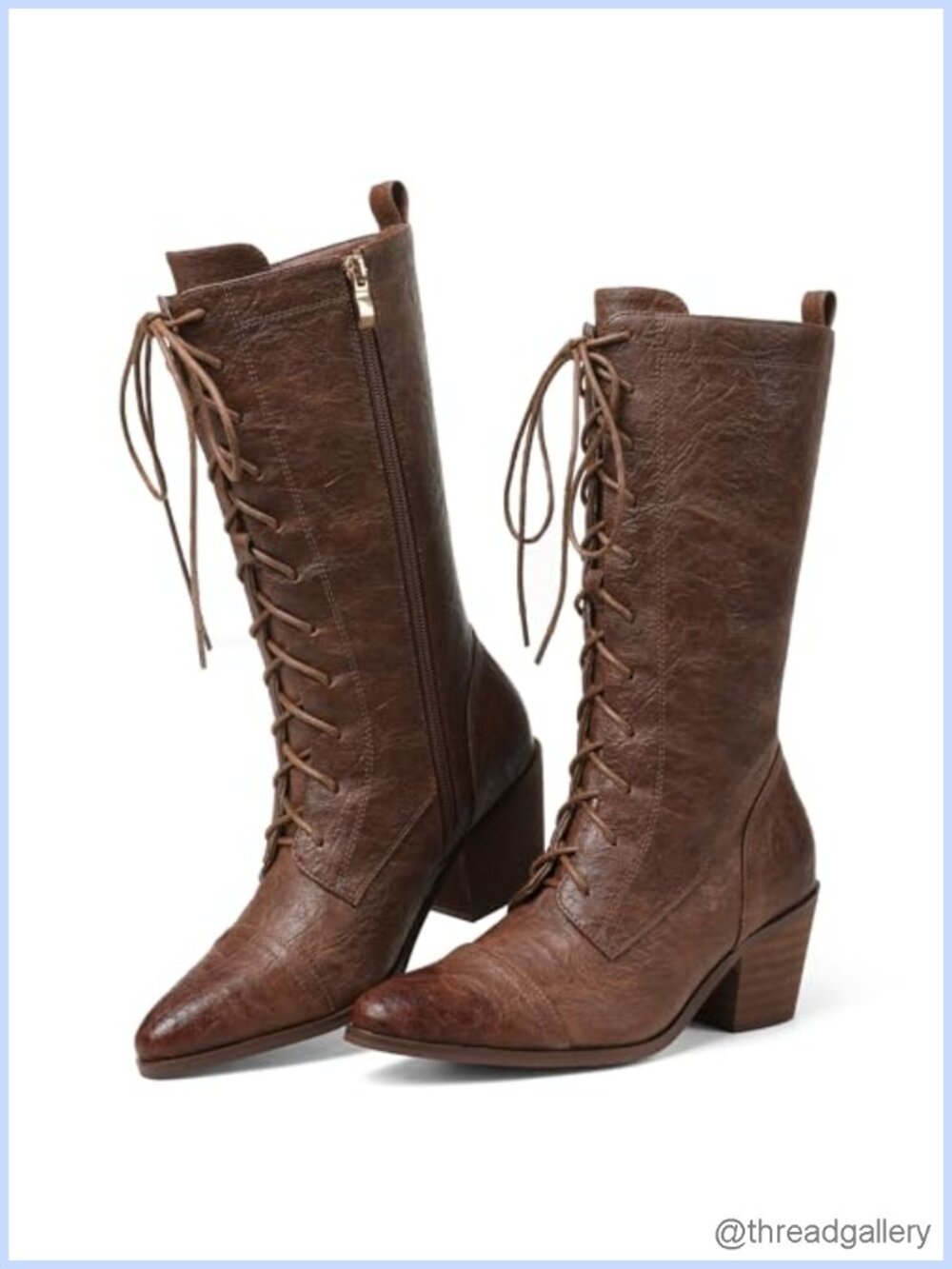Women's Mid Calf Lace Up Chunky Heel Combat Boots Pointed Toe Microfiber